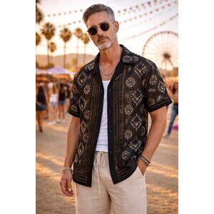 ASOS Design Sheer Embroidered Shirt XL Black Gold Festival Resort Camp Collar